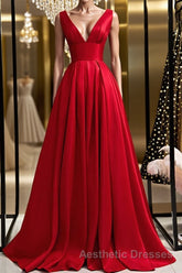 Simple A Line V Neck and V Back Red Satin Long Evening Prom Dresses, Cheap V Neck Red Formal Graduation Evening Dresses